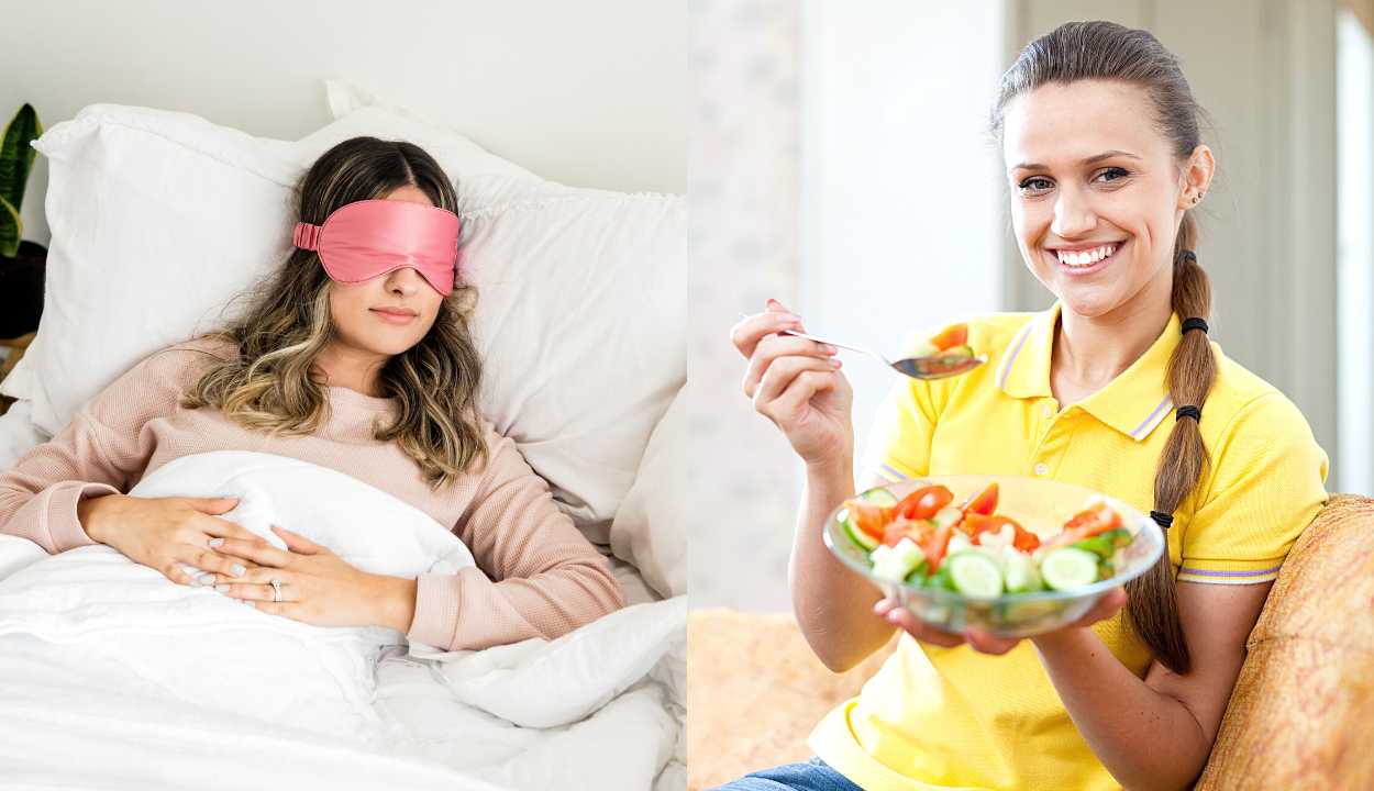 a girl sleeping peacefully and a girl eating vegetable salad