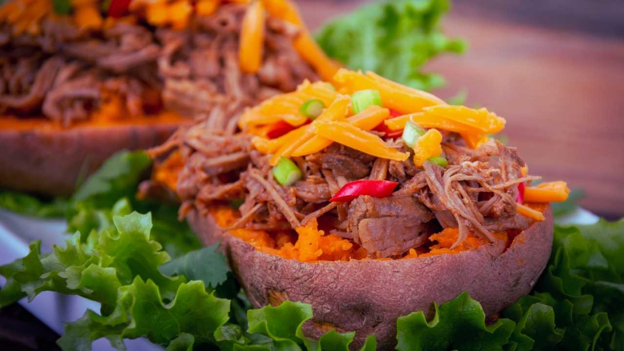 delicious spicy pulled porkstuffed sweet potato skin yam dish