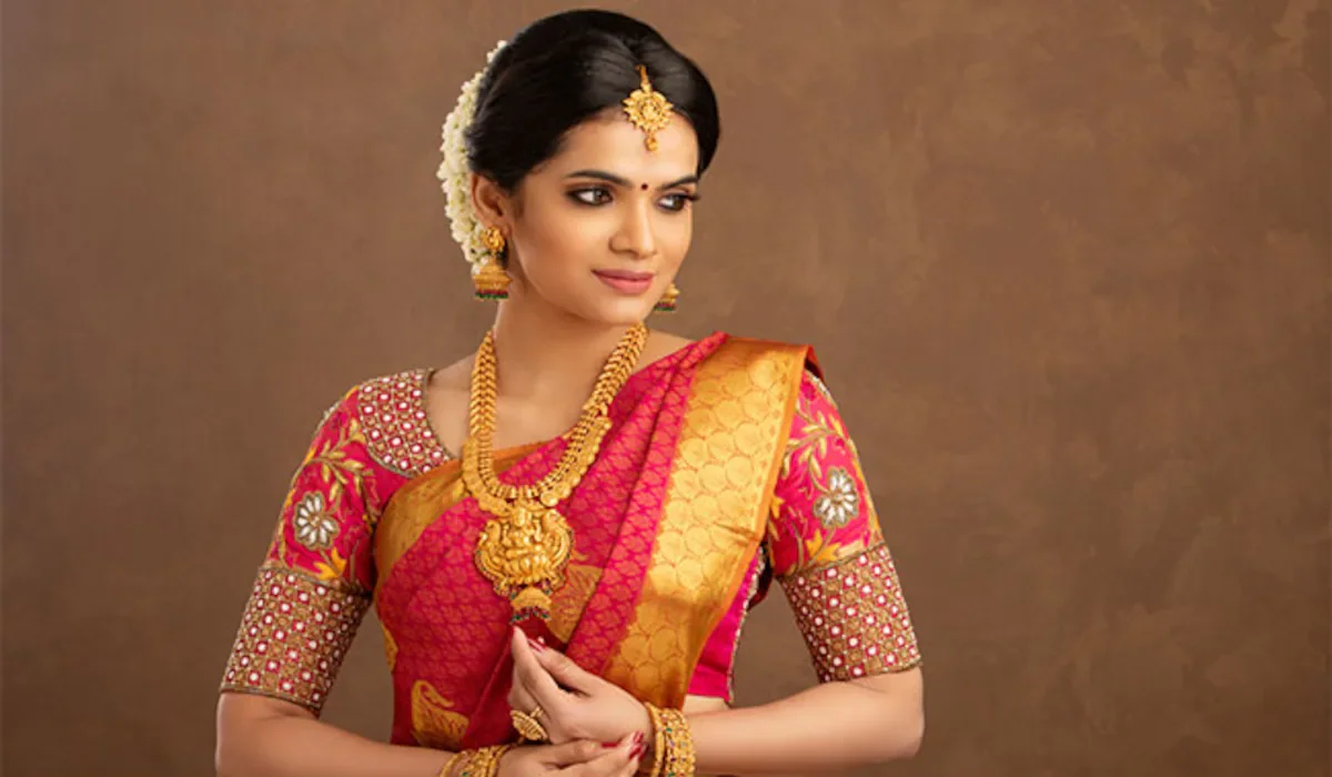 Stone Embellished Blouse with Golden Silk Saree