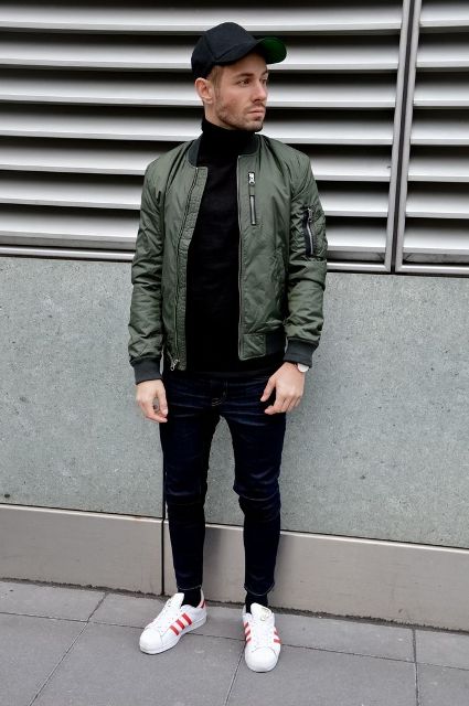 bomber jacket with a pair of sneakers - sneakerball outfit idea for men