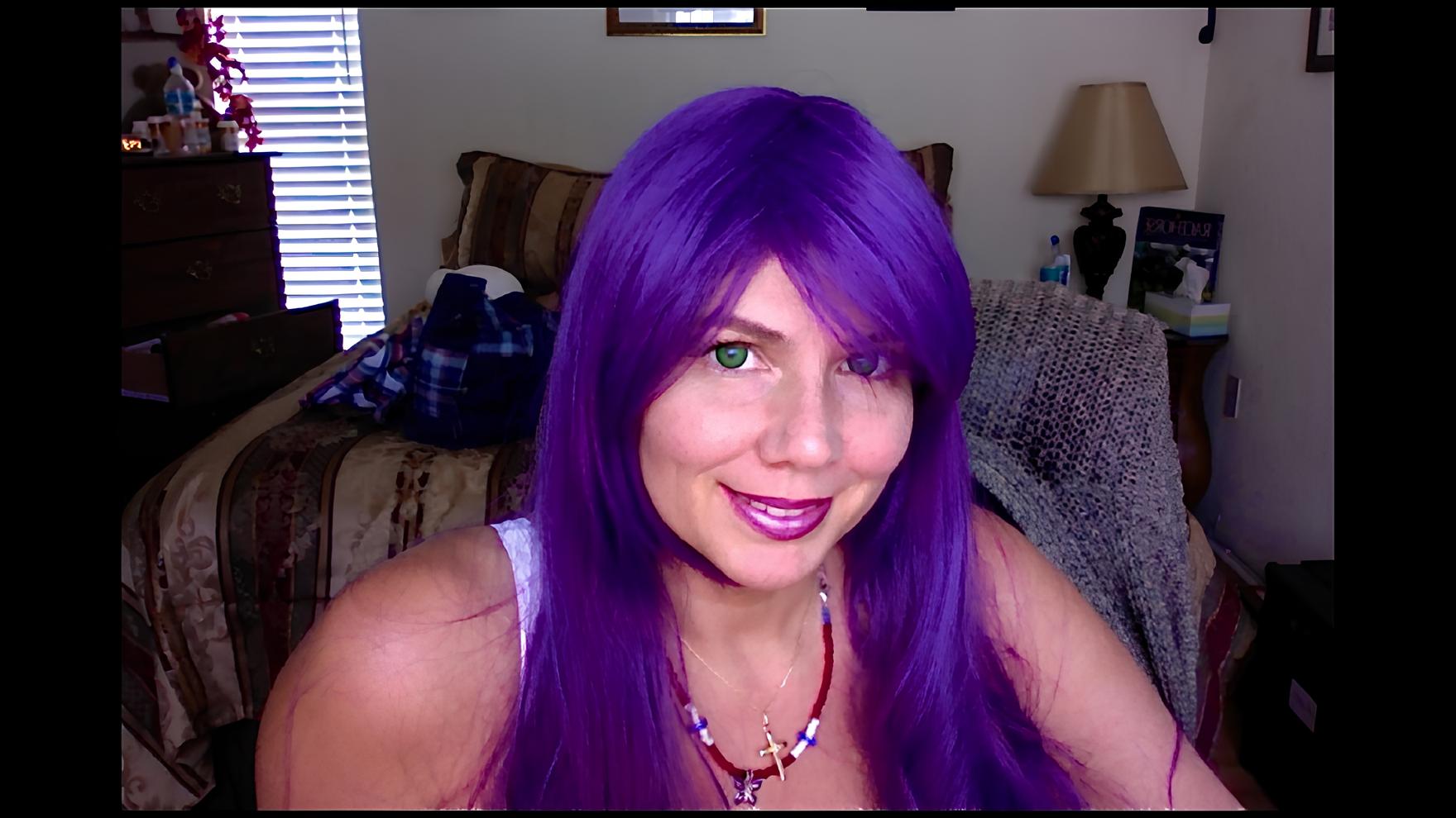 Deep Purple Hair Color with Green Eyes