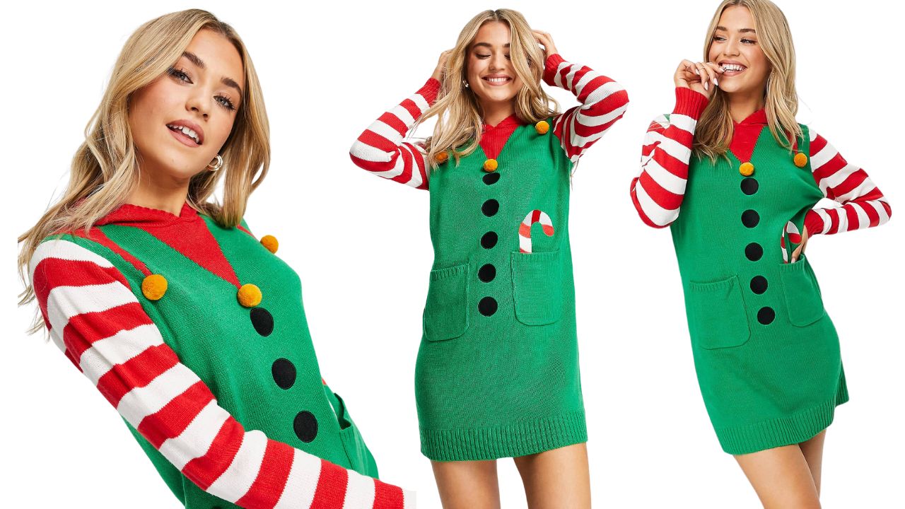 ELF Christmas Sweater Dress with Hood-Green