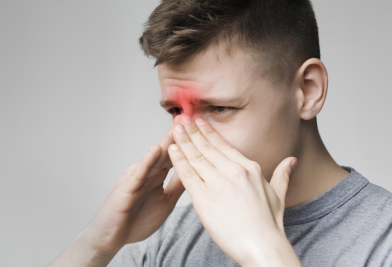 Man experiencing discomfort and holding his nose due to sinus pain.